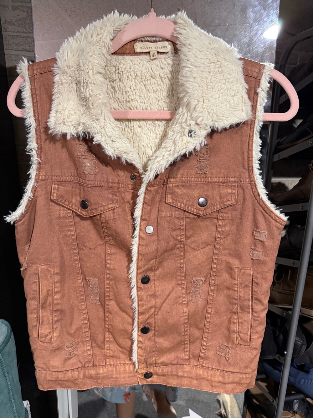 Gilded Intent Rust Brown Distressed Denim Vest with Cream Sherpa Lining